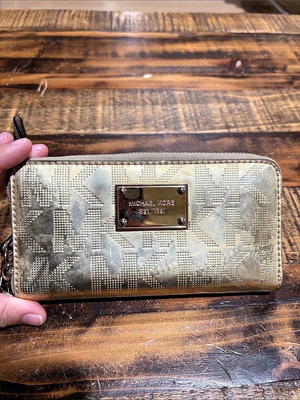 Michael Kors Jet Set Travel MK Signature Metallic Gold Wristlet Wallet